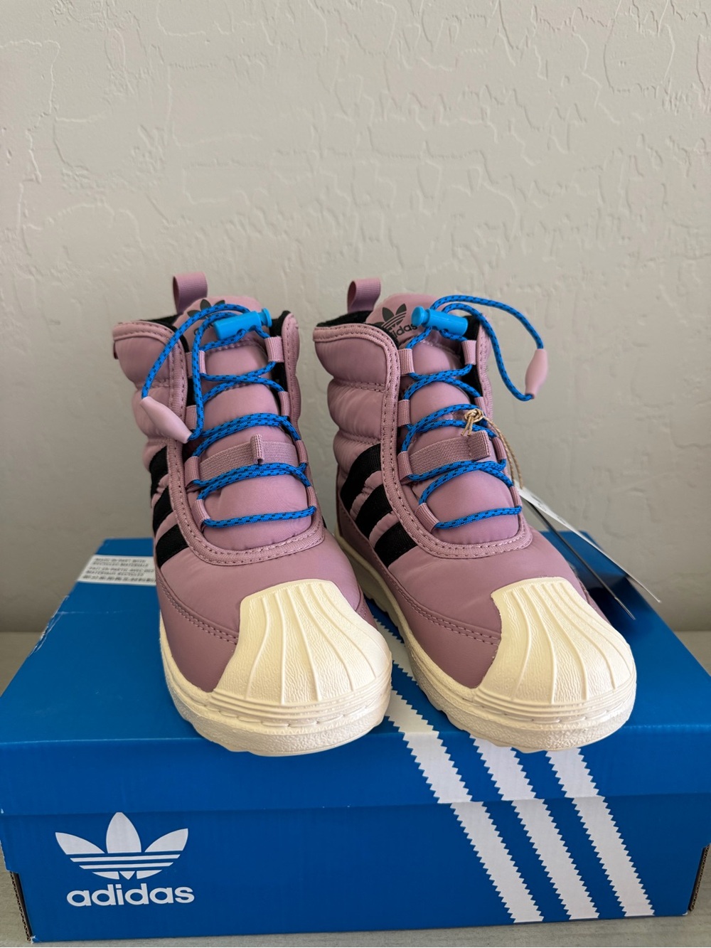 adidas Kids Lavender High-Top Sneakers with Blue Laces